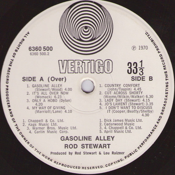 Image of Label Cover of LP - VG/VG - ROD STEWART, Gasoline Alley (Vertigo Spiral - Not 'A Philips Product'; 6360500, UK 1970, Gatefold, Swirl Inner, Publisher Info on label, No Made in England), Hairlines, with some tighter clusters of marks on side A.  Some small tears to sleeve on front and inside gatefold. ,  - 3126258E
