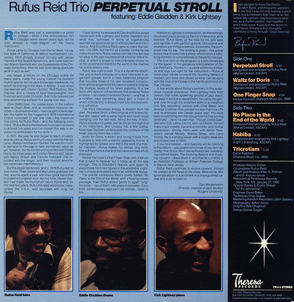 Image of Back Cover of LP - VG/VG+ - RUFUS REID TRIO, Perpetual Stroll (Theresa Records; TR111, US 1981), ,  - 3126301E