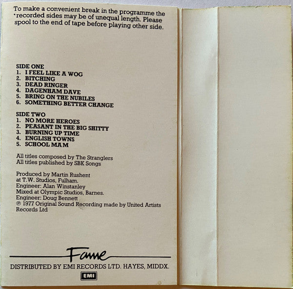 Image of Back Cover of Cassette - VG+/VG+ - THE STRANGLERS, No More Heroes (Fame; TC-FA 3190, UK 1987 Reissue, J-Card, Clear Shell With Slipsheets), ,  - 3116448C