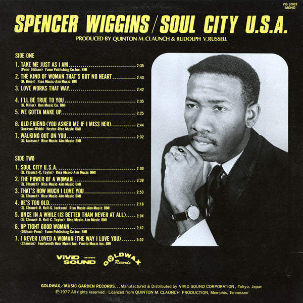 Image of Back Cover of LP - G/VG - SPENCER WIGGINS, Soul City U.S.A. (Goldwax Records; VG 3002, Japan 1977), Some light marks on the record. Sleeve is split at the top and has some staining to the front,  - 3146283S