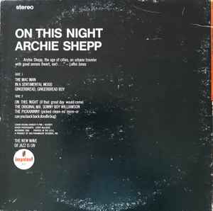 Image of Back Cover of LP - VG/VG - ARCHIE SHEPP, On This Night (Impulse!; AS-97, US 1974 Reissue, Pasteback Gatefold Sleeve, Company Inner), Hairlines, edge & ring wear, top righ corner cut, import sticker,  - 3146280S