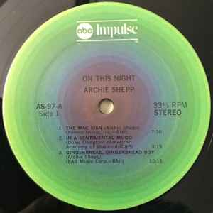 Image of Label Cover of LP - VG/VG - ARCHIE SHEPP, On This Night (Impulse!; AS-97, US 1974 Reissue, Pasteback Gatefold Sleeve, Company Inner), Hairlines, edge & ring wear, top righ corner cut, import sticker,  - 3146280S