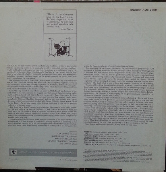 Image of Back Cover of LP - VG/VG - MAX ROACH QUINTET, The Many Sides Of Max (Mercury; SR 60911, US 1964, Pasteback Sleeve, Company Inner), Light marks, ring wear, sticker residue, company inner creased,  - 3146302S