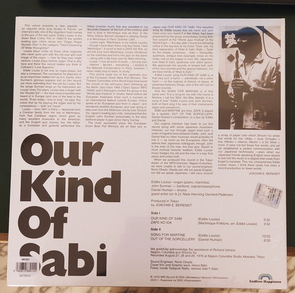 Image of Back Cover of LP - VG+/VG+ - EDDIE LOUISS - JOHN SURMAN - DANIEL HUMAIR, Our Kind Of Sabi (Endless Happiness; HE70010, Russia 2024 Reissue), Still In Opened Shrinkwrap,  - 3146303S