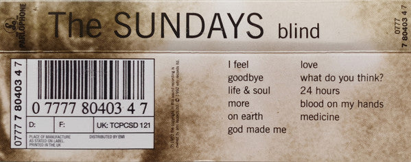 Image of Back Cover of Cassette - VG+/VG+ - THE SUNDAYS, Blind (Parlophone; 0777 7 80403 4 7, UK 1992, J-Card), ,  - 3116474C