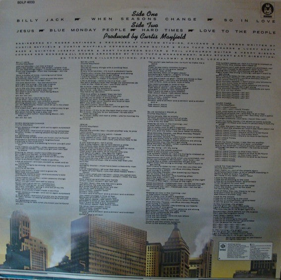 Image of Back Cover of LP - G+/G+ - CURTIS MAYFIELD, There's No Place Like America Today (Buddah Records; BDLP 4033, UK 1975), Conservative grading, vinyl has light ring wear only, plays VG/VG+. Sleeve has small seam split on the left side.,  - 3146296S