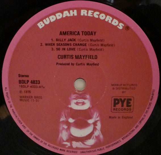 Image of Label Cover of LP - G+/G+ - CURTIS MAYFIELD, There's No Place Like America Today (Buddah Records; BDLP 4033, UK 1975), Conservative grading, vinyl has light ring wear only, plays VG/VG+. Sleeve has small seam split on the left side.,  - 3146296S