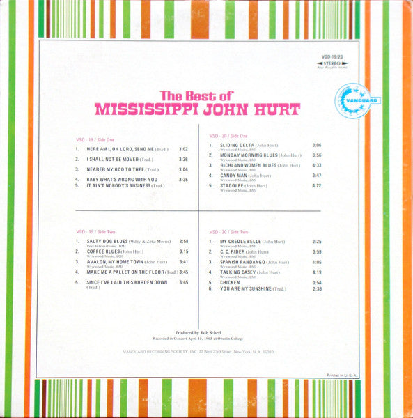Image of Back Cover of 2xLP - VG/VG - MISSISSIPPI JOHN HURT, The Best Of Mississippi John Hurt (Vanguard; VSD 19/20, US 1973 Reissue, Pasteback Gatefold Sleeve), Light marks, Edge and Ring Wear,  - 3146309S