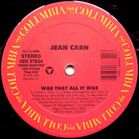 Image of Label Cover of 12" - VG/VG - JEAN CARN / DEE DEE SHARP GAMBLE, Was That All It Was / Breaking And Entering (Columbia; 4ZH 07834, US 1988, Company Sleeve), Hairline marks only, plays VG+.,  - 3146297S