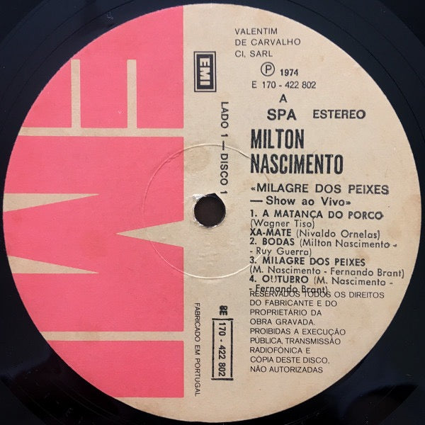 Image of Label Cover of 2xLP - VG/VG - MILTON NASCIMENTO E SOM IMAGIN RIO, Milagre Dos Peixes (Gravado Ao Vivo) (EMI; 8E 170 422802/03, Portugal 1974, Gatefold, 2 Inners), Discs have some light marks. General wear to sleeve.,  - 3116466C