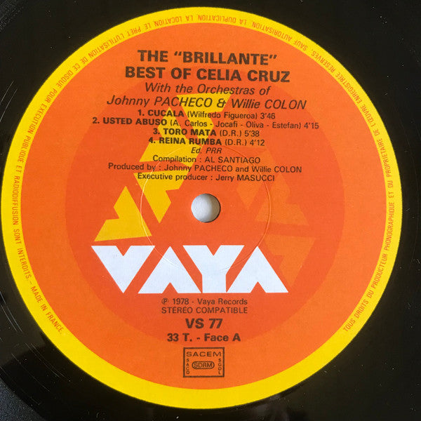 Image of Label Cover of LP - VG/G+ - CELIA CRUZ, The Brillante Best Of Celia Cruz (Vaya Records; VS 77, France 1978), Mark on the run in to the A-side, plays with some static,  - 3246029S