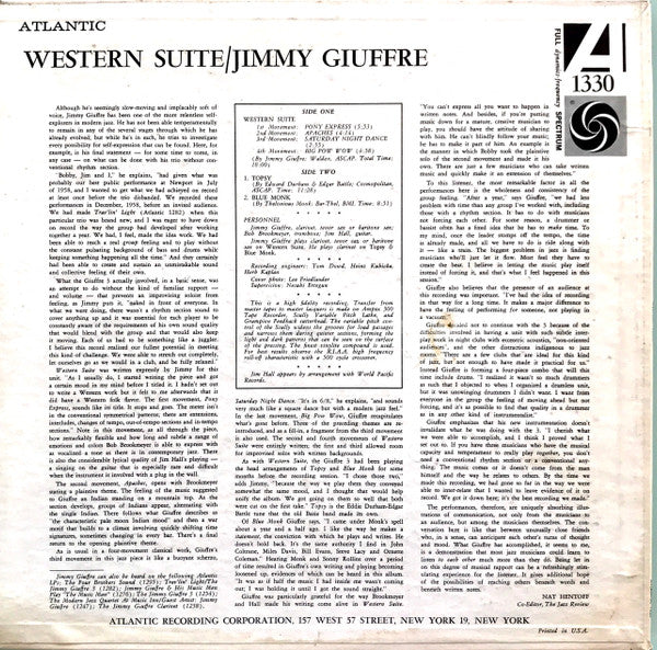Image of Back Cover of LP - VG/G+ - JIMMY GIUFFRE, Western Suite (Atlantic; 1330, US 1960, Inner, Mono), Crackle throughout, no pops or skips. Marks on either side of the record. Sleeve is in excellent condition, but stained at the bottom left corner.,  - 3246030S