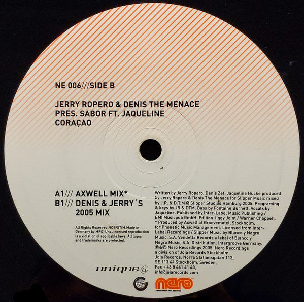 Image of Label Cover of 12" - VG/VG - JERRY ROPERO & DENIS THE MENACE PRES. SABOR FT. JAQUELINE, Cora  o (Nero Recordings; NE 006, Sweden 2005), ,  - 3226019E