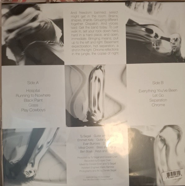 Image of Back Cover of LP - NEW/NEW - TY SEGALL, Chrome (Drag City; DC980, UK 2026, Inner), , Ty Segall, precleared for flight in full rock congress with the band (Ben Boye/Evan Burrows/Mikal Cronin/Emmett Kelly), shifts Chrome. Songs of massive riffs, swung, tightly arrayed lines of fuzz & distortion, twin-guitar attack-and-parry, endopic keyboards kicking, precise & thudding power, a rhythmic core on the march in full BAND energy. The songs are lyrically allusive trips, dark passages in the labyrinth, eve