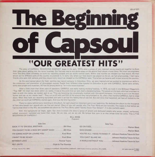 Image of Back Cover of LP - VG+/VG+ - VARIOUS, The Beginning Of Capsoul (Capsoul; CS LP 371, US 1984), ,  - S