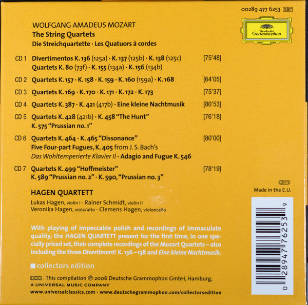 Image of Back Cover of 7xCD - VG+/VG+ - MOZART, HAGEN QUARTETT, The String Quartets (Deutsche Grammophon; 00289 477 6253, Europe 2006, Box Set), ,  - 3236013E