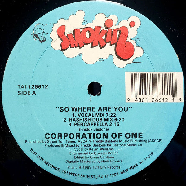 Image of Front Cover of 12" - VG+/VG+ - CORPORATION OF ONE, So Where Are You (Smokin'; TAI 126612, US 1989, Company Sleeve), original company sleeve - opened shrink,  - 3246046S