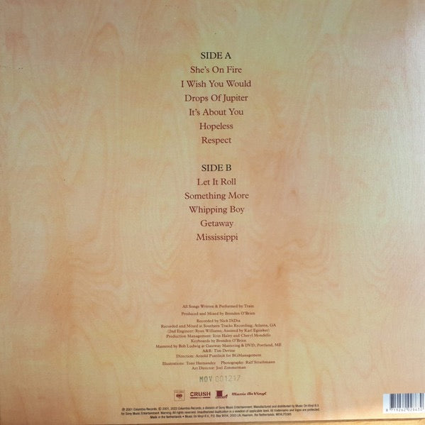 Image of Back Cover of LP - VG+/VG+ - TRAIN, Drops Of Jupiter (Music On Vinyl; MOVLP3385, Europe 2023 Reissue, Stickered Plastic Sleeve, Insert, Limited To 2000 On Red & Black Marbled Vinyl), Limited Edition No 000997,  - 3216037C