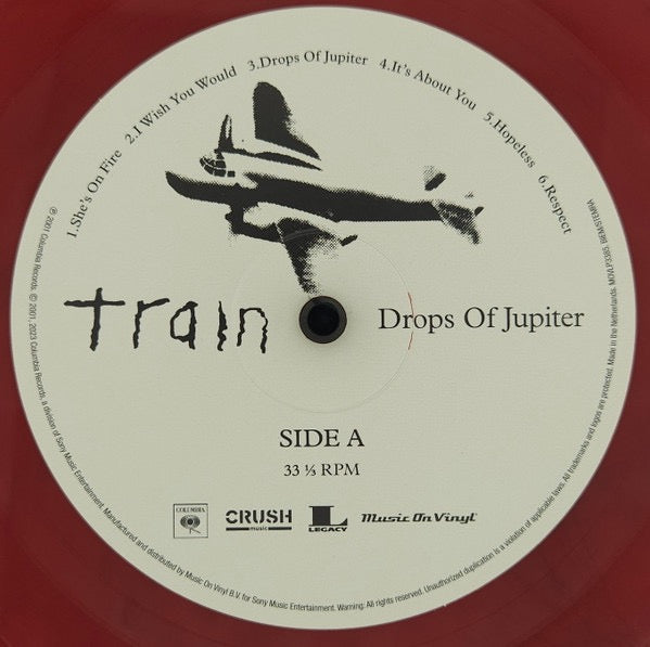Image of Label Cover of LP - VG+/VG+ - TRAIN, Drops Of Jupiter (Music On Vinyl; MOVLP3385, Europe 2023 Reissue, Stickered Plastic Sleeve, Insert, Limited To 2000 On Red & Black Marbled Vinyl), Limited Edition No 000997,  - 3216037C