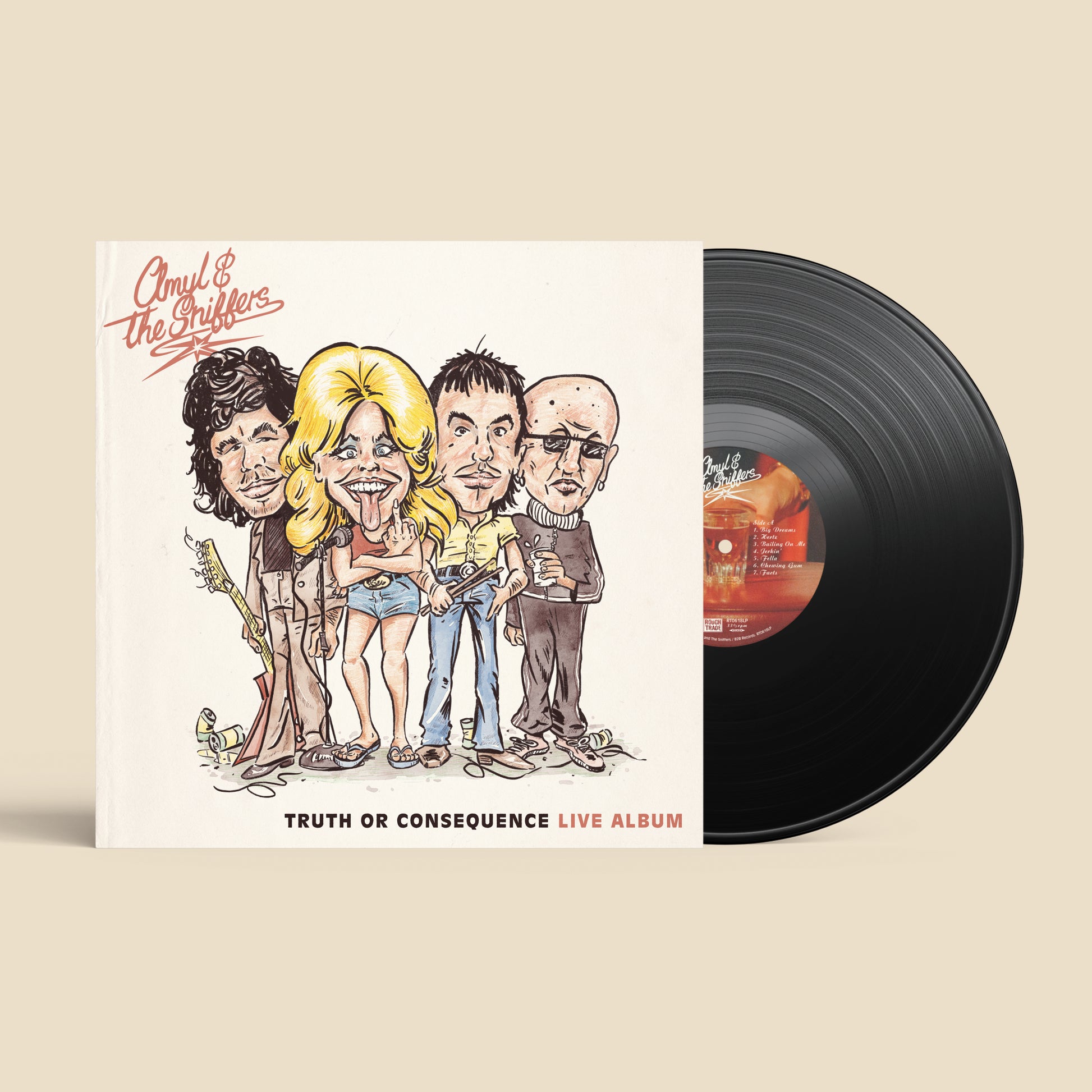 Image of Back Cover of 1xLP - NEW/NEW - AMYL AND THE SNIFFERS, Truth or Consequence (Live from El Coyote) (Rough Trade; RT0618LP, UK 2026), , Truth or Consequence is a live album following the concert film of the same title, in which Amyl and the Sniffers perform country-influenced versions of their songs, two unreleased tracks, and a cover of the Slim Dusty classic ‘Lights On The Hill’. It was recorded and filmed in front of an intimate and increasingly rowdy audience at El Coyote in Los Angeles, on 28th A