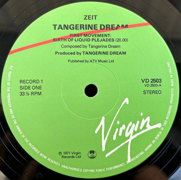 Image of Label Cover of 2xLP - VG/VG+ - TANGERINE DREAM, Zeit (Virgin; VD2503, UK 1978 Reissue, Gatefold, "hiring or rental" on rim text), Edge Wear,  - 3246019S