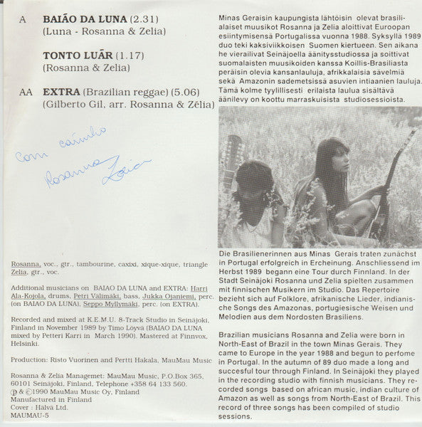 Image of Back Cover of 7" - VG+/EX - ROSANNA & Z LIA, Baiao Da Luna / Tonto Luar / Extra (Brazilian Reggae) (Maumau Music; MAUMAU-5, Finland 1990, Company Sleeve), Light ringwear on sleeve.,  - 3256047S