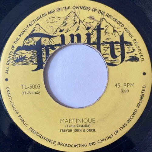 Image of Front Cover of 7" - /VG - TREVOR JOHN & HIS ORCHESTRA, Bravo Bravo / Martinique (Trinity; TL-5003, Trinidad & Tobago 1960s), Light narks only, plays great. Ring wear on labels. Very rare Trinidad jazz.,  - 3216100C