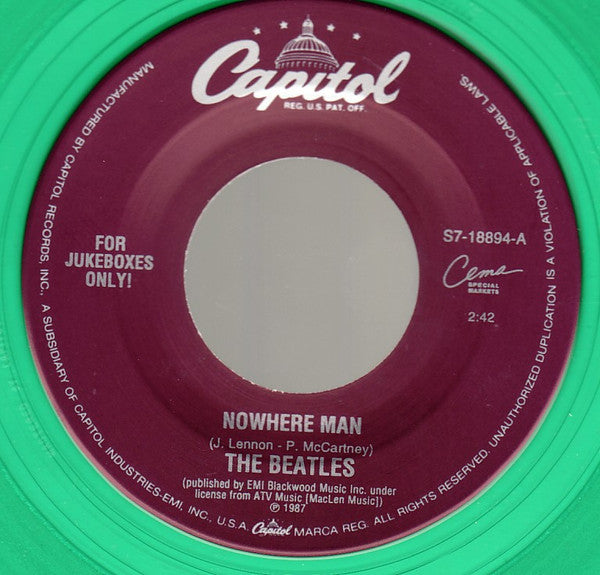 Image of Label Cover of 7" - /VG+ - THE BEATLES, Nowhere Man / What Goes On (Capitol Records; S7-18894, US 1996 Reissue, Plain Sleeve, Jukebox, Green Transparent Vinyl), ,  - 3256084S
