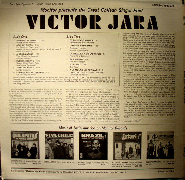Image of Back Cover of LP - VG/VG - VICTOR JARA, Vientos Del Pueblo (Monitor Records; MFS 778, US 1976, Booklet), ,  - 3226038E