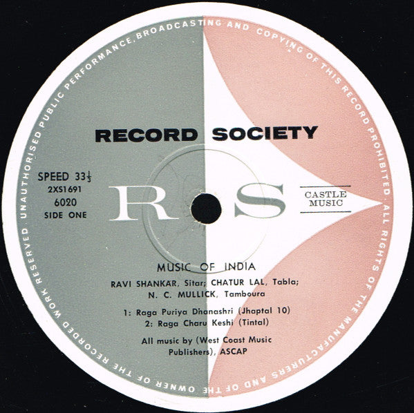Image of Label Cover of LP - VG/VG+ - RAVI SHANKAR, Music of India (The Record Society; 20-6020, Australia 1961), ,  - 3226040E