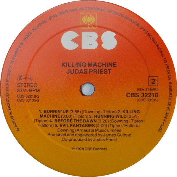 Image of Label Cover of LP - VG/VG - JUDAS PRIEST, Killing Machine (CBS; CBS 32218, Europe 1983 Reissue), Strong VG,  - 3126265E