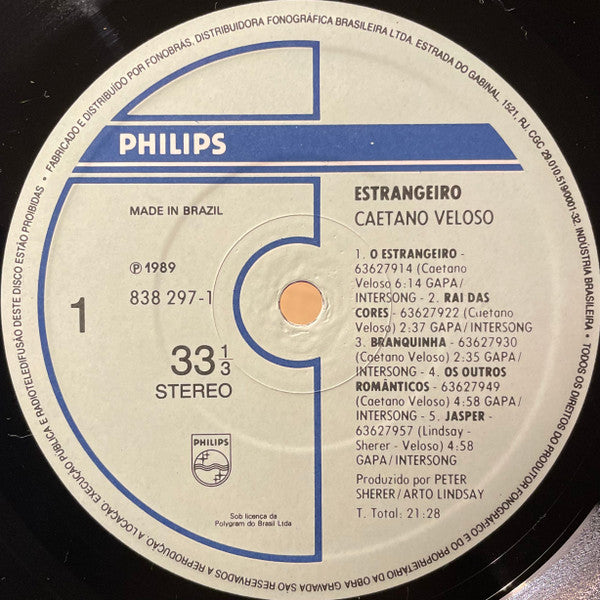 Image of Label Cover of LP - VG/VG - CAETANO VELOSO, Estrangeiro (Philips; 838 297-1, Brazil 1989, Embossed Sleeve, Inner), Pen writing on rear of sleeve.,  - 3226072E