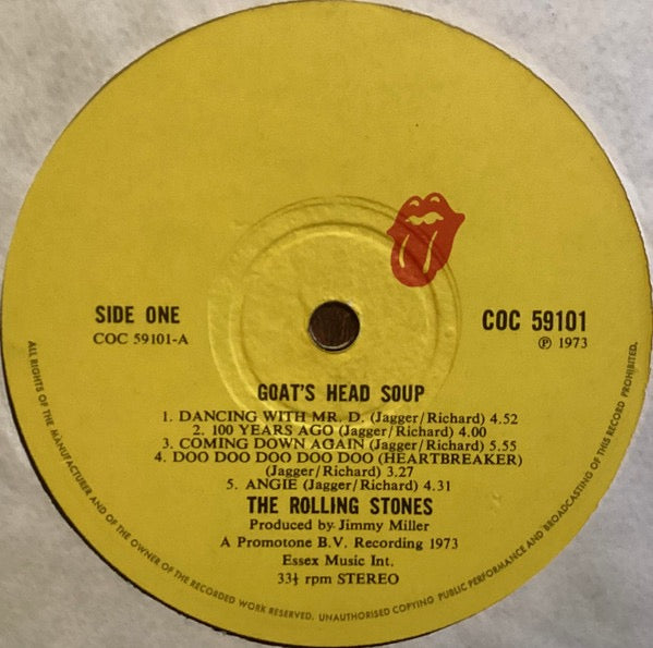 Image of Label Cover of LP - VG/VG - THE ROLLING STONES, Goat's Head Soup (Rolling Stones Records; COC 59101, UK 1973, Gatefold, 2 Inserts, Transitional Label Variation, Made In UK On Side 1 But Not Side Two), Edge wear to sleeve. ,  - 3216080C