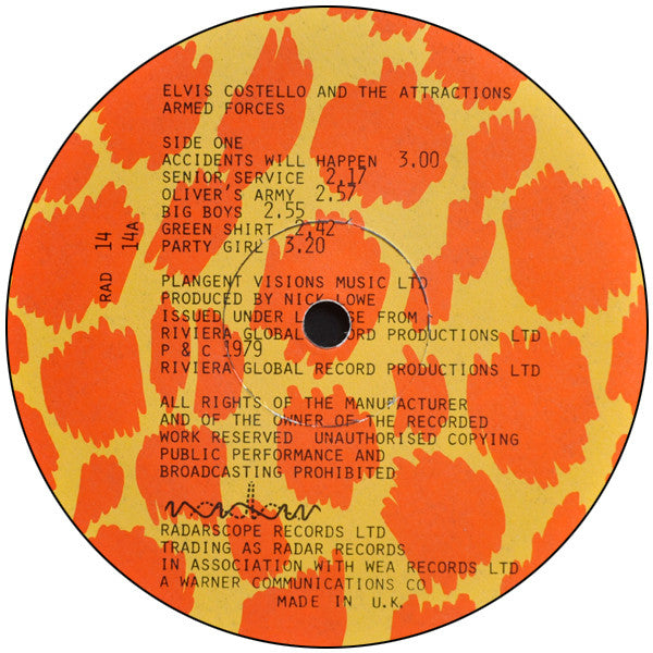 Image of Label Cover of LP - VG/VG+ - ELVIS COSTELLO AND THE ATTRACTIONS, Armed Forces (Radar; RAD14, UK 1979, Fold Out Sleeve, Inner, 2 Cards, With 7"), Ring wear, small tear at bottom of cover, "Free EP" hype sticker,  - 1245271S