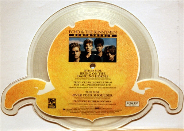 Image of Back Cover of 7" - VG+/VG+ - ECHO AND THE BUNNYMEN, Bring On The Dancing Horses (Korova; KOW 43P, UK 1985, Clear Plastic Stickered Sleeve, Shaped Picture Disc), ,  - 3226115E
