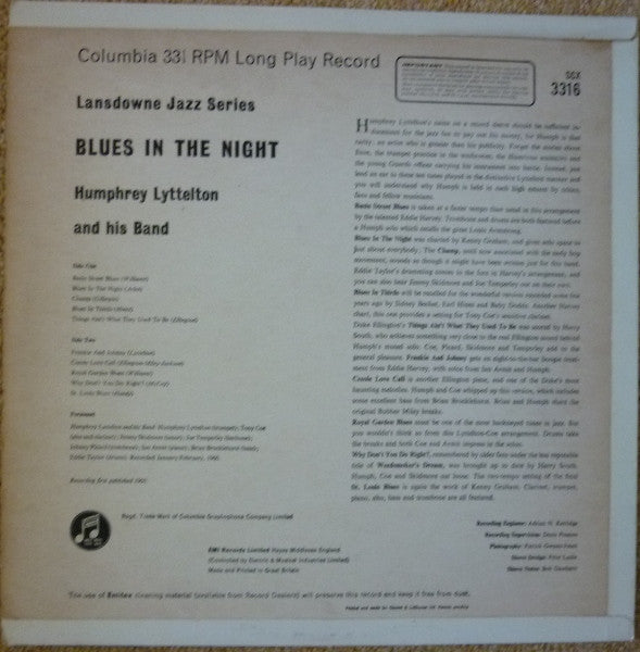 Image of Back Cover of LP - VG/VG - HUMPHREY LYTTELTON AND HIS BAND, Blues In The Night (Columbia; SCX 3316, UK 1960, Laminated Flipback Sleeve, Stereo), ,  - 3226080E