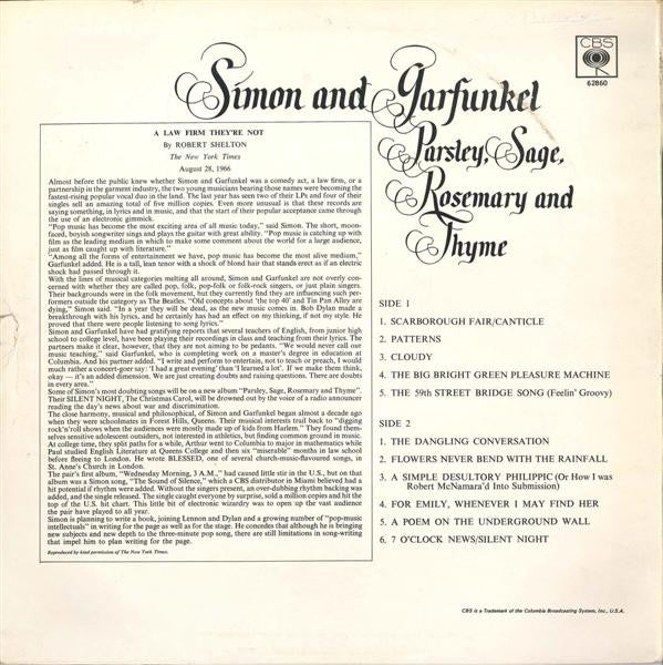 Image of Back Cover of LP - VG/VG - SIMON AND GARFUNKEL, Parsley, Sage, Rosemary And Thyme (CBS; 62860, UK Reissue), ,  - 3226082E