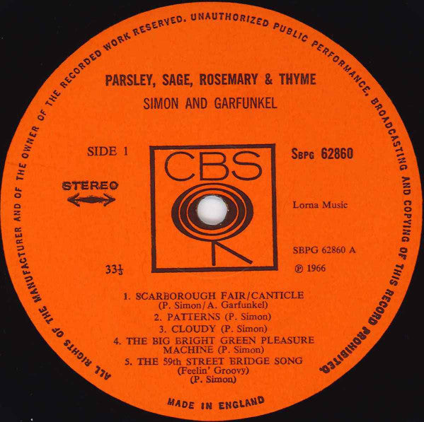 Image of Label Cover of LP - VG/VG - SIMON AND GARFUNKEL, Parsley, Sage, Rosemary And Thyme (CBS; 62860, UK Reissue), ,  - 3226082E