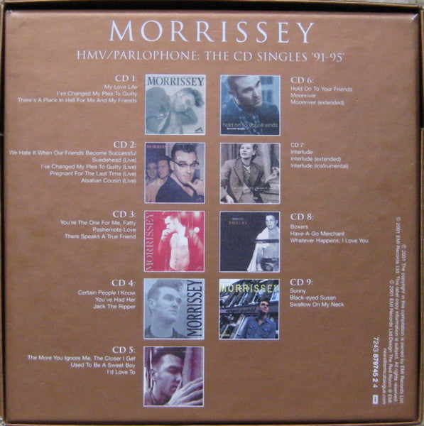 Image of Back Cover of 9xCD - VG/VG+ - MORRISSEY, HMV/Parlophone: The CD Singles '91 - '95 (EMI; 7243 879745 2 4, Europe 2001, Box Set), Box creased top right corner,  - 3216151C