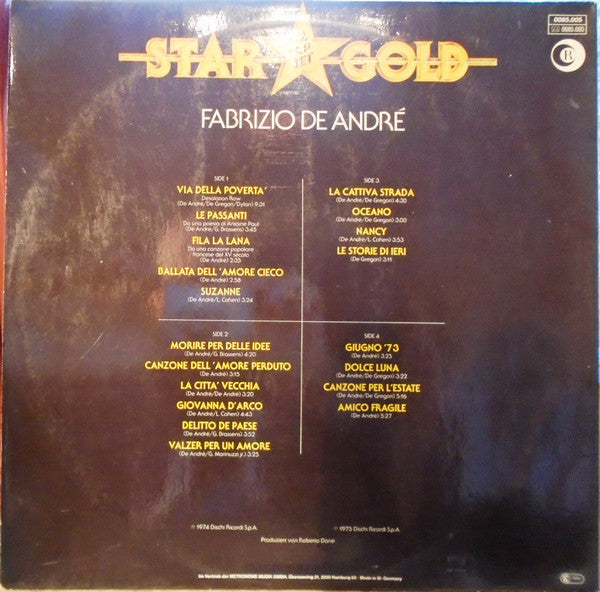 Image of Back Cover of 2xLP - VG/VG+ - FABRIZIO DE ANDR , Star Gold (Ricordi; 0085.005, Germany 1982, Gatefold), Edge wear.,  - 3216156C
