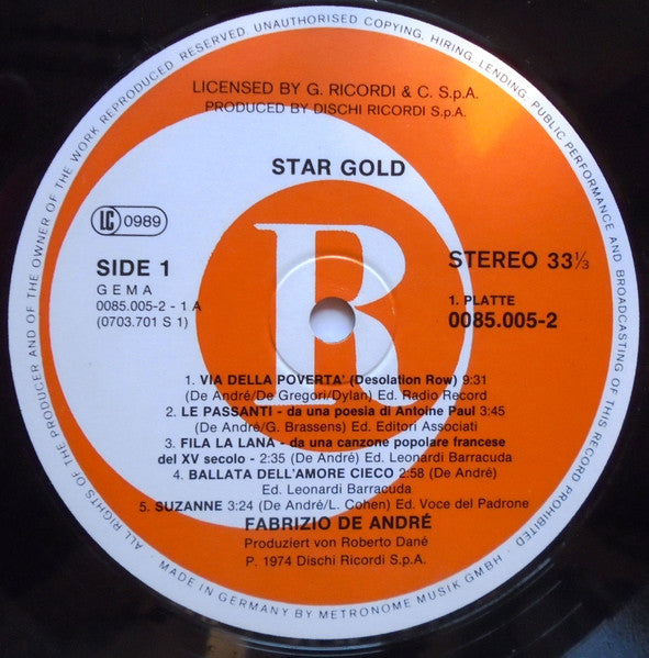 Image of Label Cover of 2xLP - VG/VG+ - FABRIZIO DE ANDR , Star Gold (Ricordi; 0085.005, Germany 1982, Gatefold), Edge wear.,  - 3216156C