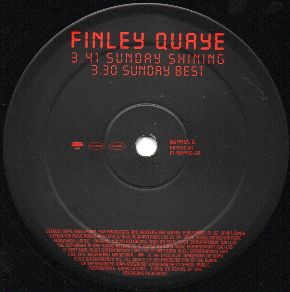 Image of Label Cover of 12" - VG+/VG+ - FINLEY QUAYE, Sunday Shining (Epic; 664455 6, UK 1997, Picture Sleeve, Inner), ,  - 3216159C