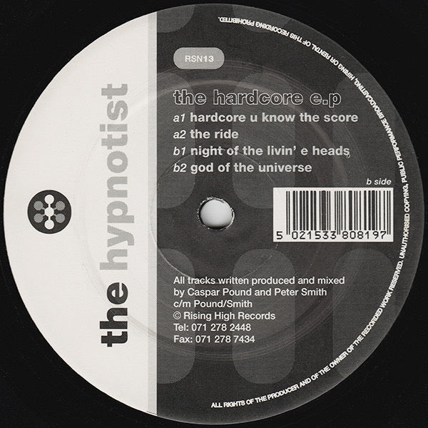 Image of Front Cover of 12" - VG/VG - THE HYPNOTIST, The Hardcore E.P (Rising High Records; RSN13, UK 1991, Company Sleeve), Light marks and hairlines.,  - 3216090C
