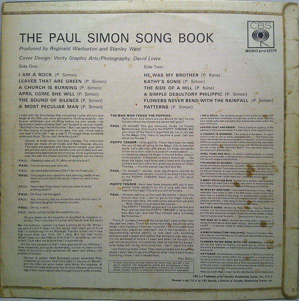 Image of Back Cover of LP - VG/G+ - PAUL SIMON, The Paul Simon Song Book (CBS Orange Labels With 33; BPG 62579, UK 1965, Laminated Flipback Sleeve With GB On Rear, Mono), Light marks only, Glossy disc, Nice co. inner,  - 3216092C
