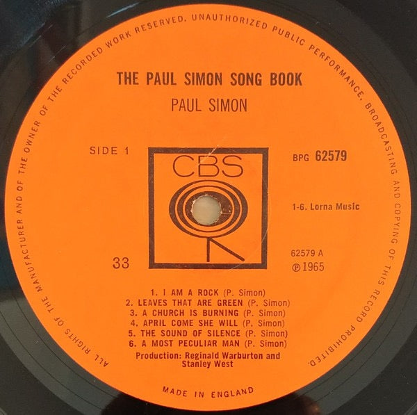 Image of Label Cover of LP - VG/G+ - PAUL SIMON, The Paul Simon Song Book (CBS Orange Labels With 33; BPG 62579, UK 1965, Laminated Flipback Sleeve With GB On Rear, Mono), Light marks only, Glossy disc, Nice co. inner,  - 3216092C