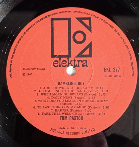 Image of Label Cover of LP - VG/VG - TOM PAXTON, Ramblin' Boy (Elektra; EKL-277, UK 1960s Reissue, Laminated UK Sleeve), ,  - 3216093C