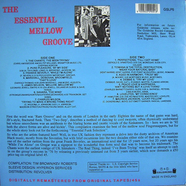 Image of Back Cover of LP - G+/G - VARIOUS, The Essential Mellow Groove (Goldmine Soul Supply; GSLP5, UK 1992), Light marks only, water marks on label, plays G+/VG.,  - 3246104S