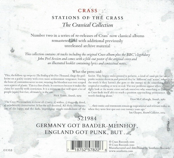 Image of Back Cover of CD - VG/VG+ - CRASS, Stations Of The Crass (The Crassical Collection) (Crass Records; CC02, UK 2010 Reissue, Gatefold Card Sleeve In Slipcase, Booklet, Miniature Reproduction Crass Poster), Light crease at top of box only,  - 3216096C