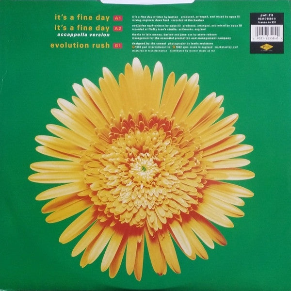 Image of Back Cover of 12" - G/G+ - OPUS III, It's A Fine Day (PWL International; PWLT 215, UK 1992, Picture Sleeve), Mainly lighter marks on record. Sleeve has heavy edge wear, creasing, and damage / rips along opening, A1	It's A Fine DayA2	It's A Fine Day (Accapella Version)B1	Evolution Rush - 3216191C