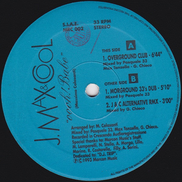 Image of Back Cover of 12" - /G+ - J.MAX & COOL, Oooh! Babe (Marcon Music; MRC 002, Italy 1993), Strong G+. Light marks only,  - 3246153S